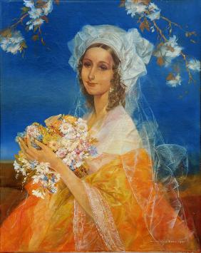Dame avec bouquet, 1942, Karel Van Belle. Femme avec fleurs, voile et manteau coloré sur fond bleu.