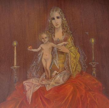 Dame met kind geschilderd door Karel van Belle
