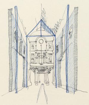 De Belgische architect Christian Kieckens met een litho