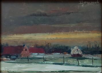 Victor Dooms met een schilderij op paneel