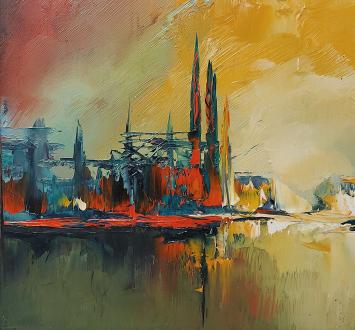 Kunstschilder Leo Jordaens met een kunstwerk op paneel