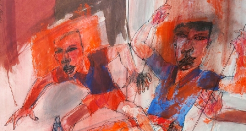 Kunstschilder Knut Kersse met een expressionistisch kunstwerkje
