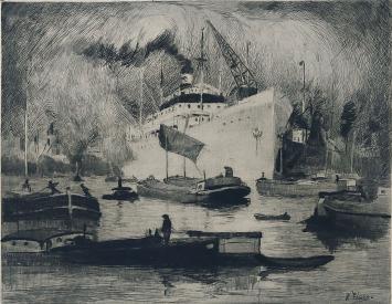 Belgische etser Kurt Peiser met een ets van een grote boot
