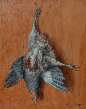 Louis Clesse met een olieverschilderij op paneel