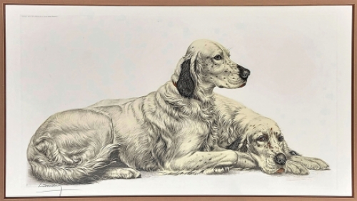Léon Danchin met een litho van liggende honden