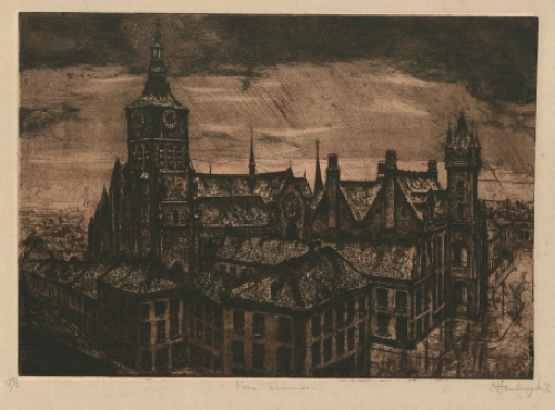 kunstenaar Léopold Henderyckx met een ets van Diksmuide