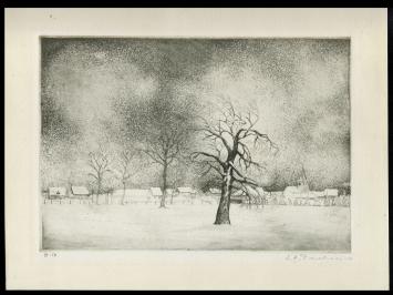 Louis Peeters met een ets van een winterlandschap