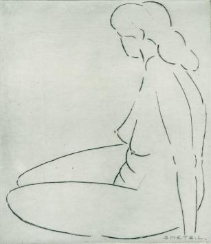 De Belgische etser Léon Smets met een naakt kunstwerk