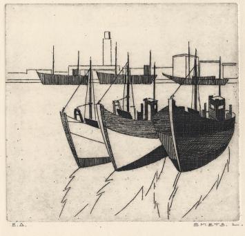 Zicht op vissersboten in het water te Oostende