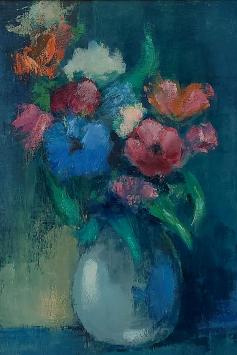 De Belgische schilder Léon Smets met een kunstwerk