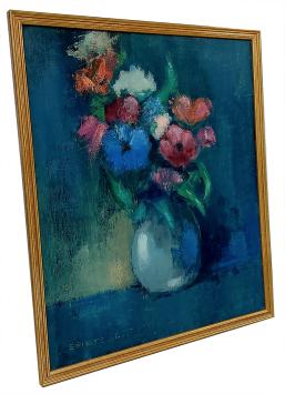 Stilleven, bloemen in een grijze vaas