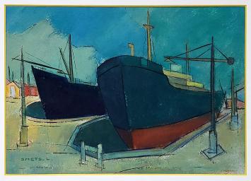 Schilderij kopen van L. Smets, schepen in de dokken