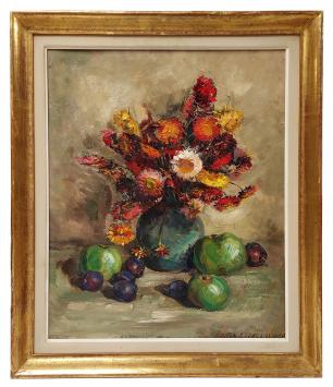 Still life by Leo Van Droogenbroeck with apples, plums and vase of orange-red dried flowers on table, oil on cardboard