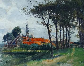 Louis Van Engelen met een schilderij zicht op Veere