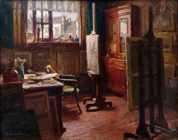 Louis Van den Eynde met een interieursschilderij
