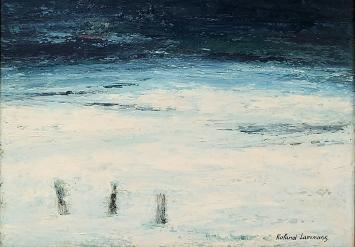 Roland Laermans  met een kunstwerk op bord geschilderd