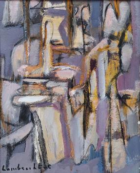 Constant Lambrecht  met een abstract schilderij