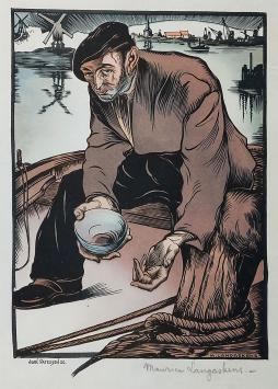M. Langaskens met een houtsnede van een visser