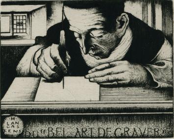 M. Langaskens met een ets voor La gravure Originale