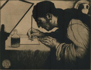 M. Langaskens met een ets voor La gravure Originale
