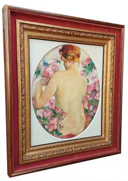 De frivole naaktheid met bloemen omgeven