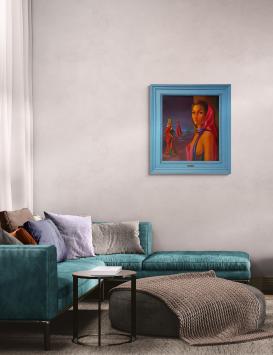 Surrealistisch schilderij met gesluierde dame