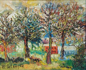 Ontluikende appelbloesem (1977) d’Etienne Le Compte : paysage printanier éclatant aux arbres en fleurs et aux textures épaiss