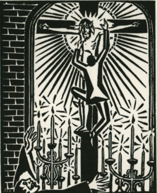 Gravure sur bois de l\'artiste belge Frans Masereel d\'après le soleil 1919