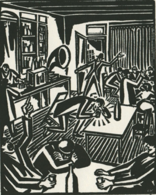 Gravure sur bois de l\'artiste belge Frans Masereel d\'après le soleil 1919