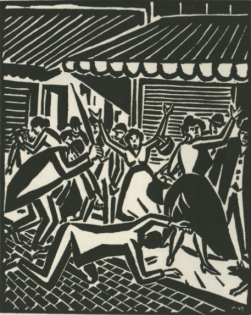 Gravure sur bois de l\'artiste belge Frans Masereel d\'après le soleil 1919