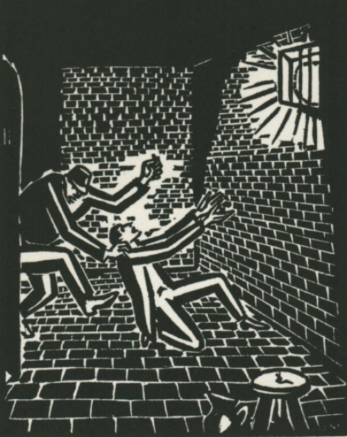 Gravure sur bois de l\'artiste belge Frans Masereel d\'après le soleil 1919