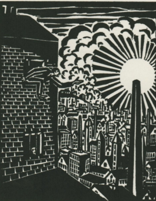 Gravure sur bois de l\'artiste belge Frans Masereel d\'après le soleil 1919