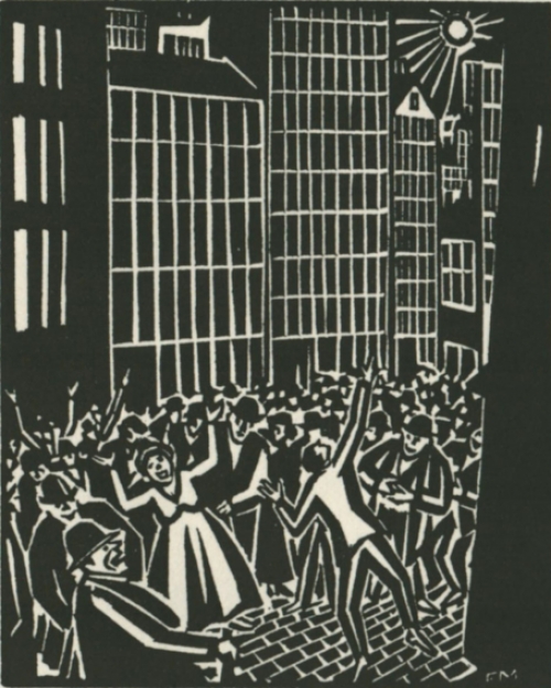 Gravure sur bois de l\'artiste belge Frans Masereel d\'après le soleil 1919