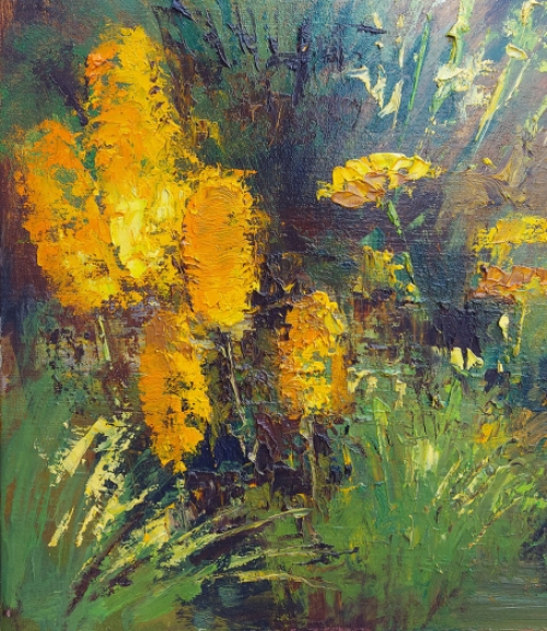 Gele bloemen en witte op een schilderij