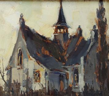 Joseph Lemaire met een schilderij, Kerk te Vlassenbroek