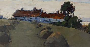 Joseph Lemaire met een schilderij, Industrie te Charleroi