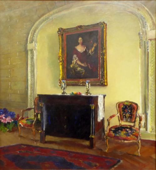 De Commode, 1947, Leo Engels, interior with commode, portrait and armchairs.