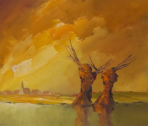 Leo Jordaens met een schilderij met knotwilgen