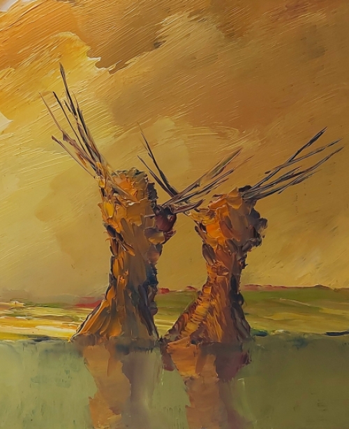 Kunstschilder Leo Jordaens met een olieverfschilderij