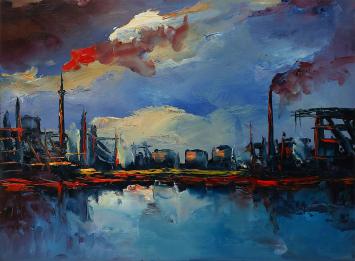 Kunstschilder Leo Jordaens met een schilderij op paneel