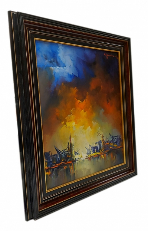 Zicht op kranen in de haven