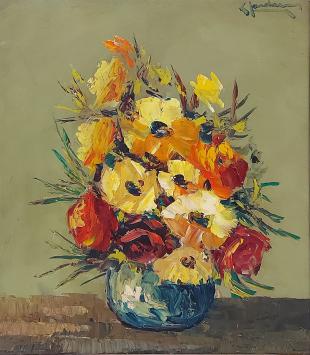 Schilderij, bloemenstilleven op paneel van Leo Jordaens