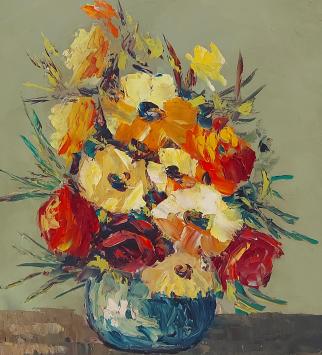 Kunstschilder Leo Jordaens met een schilderij op paneel