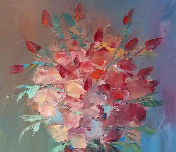 Kunstschilder Leo Jordaens met een schilderijtje op paneel