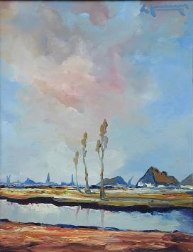 Leo Jordaens met een schilderij van een landschapje