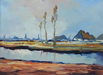 Kunstschilder Leo Jordaens met een schilderij op paneel