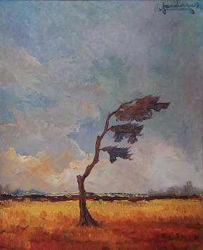Leo Jordaens met een schilderij op de Heide