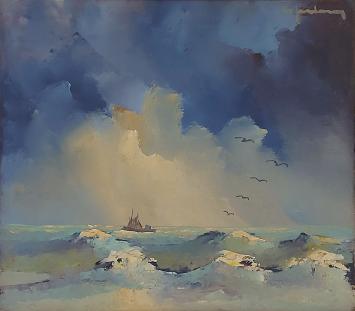 Leo Jordaens met een zicht op een bootje in de zee