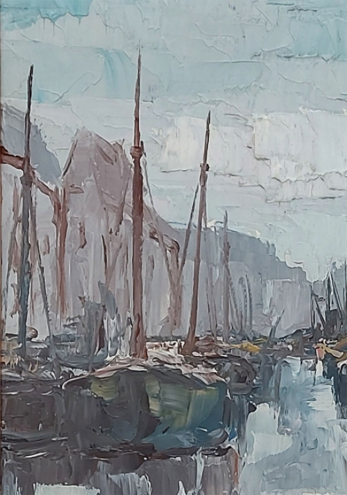 Kunstschilder Leo Jordaens met een werk op paneel