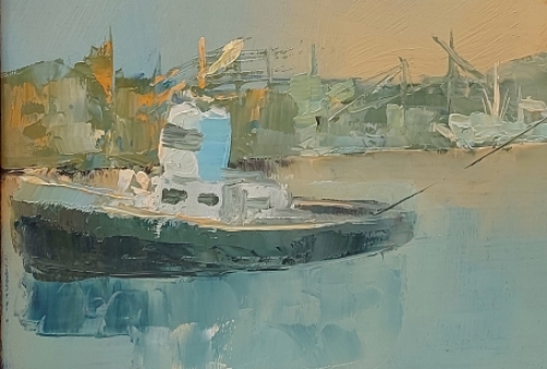 Kunstschilder Leo Jordaens met een werk op paneel